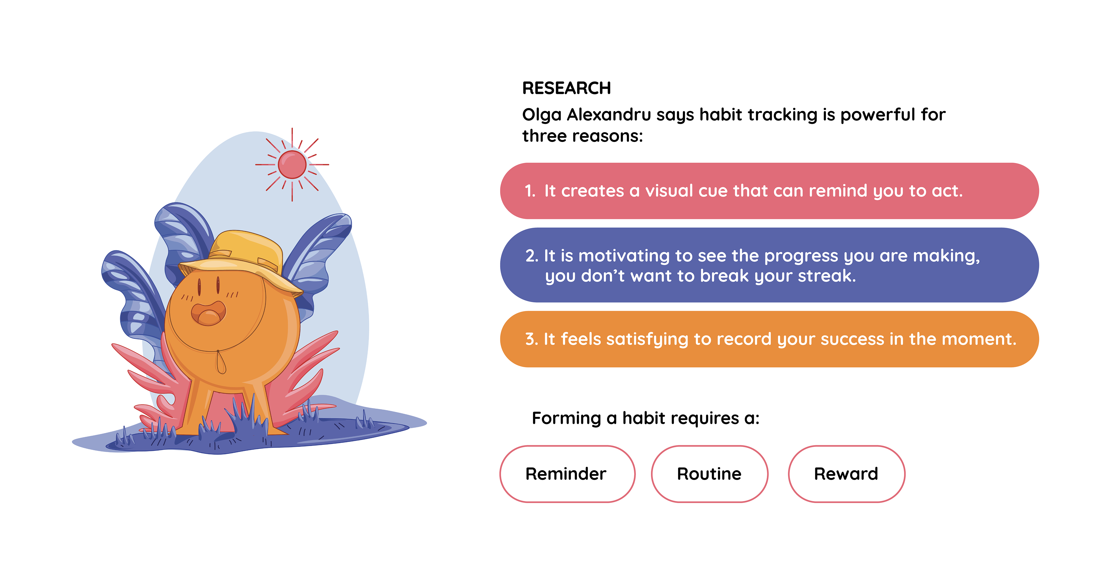 Research: Olga Alexandru says habit tracking is powerful for three reasons: 1. it creates a visual cue that can remind you to act. 2. It is motivating to see the progress you are making, you don't want to break your streak. #. it feels satisfying to record your success in the moment. Forming a habit requires a: reminder, routine, reward.