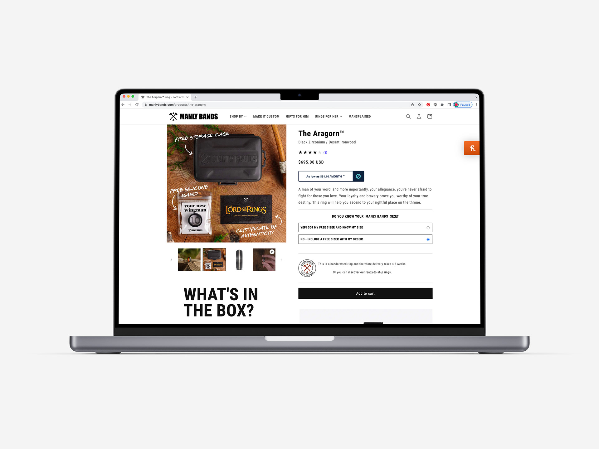 Product page showing LOTR-themed content throughout the shopping experience