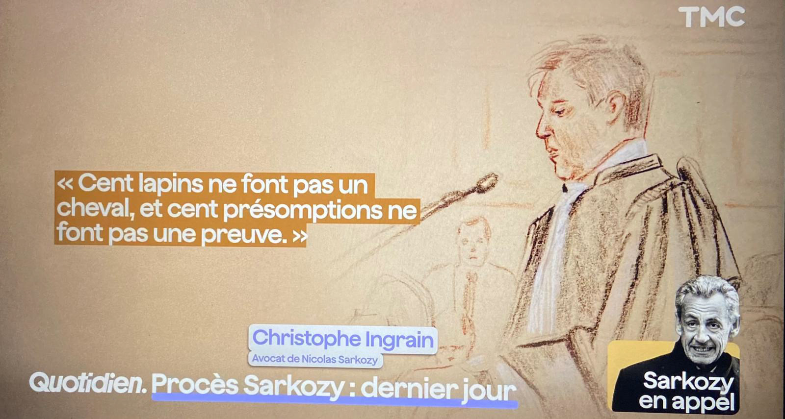 Diffusion Quotidien/chaîne TMC - 27 mai 2026 - Procès libyen - plaidoirie de l’avocat de Nicolas Sarkozy Me Christophe Ingrain - dessin d’audience © Nastassia Ach
