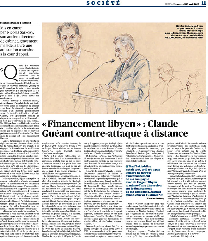 Publication Le Figaro - 14 avril 2026 - Nicolas Sarkozy, procès financement libyen - dessin d’audience © Nastassia Ach / article Stéphane Durand-Souffland