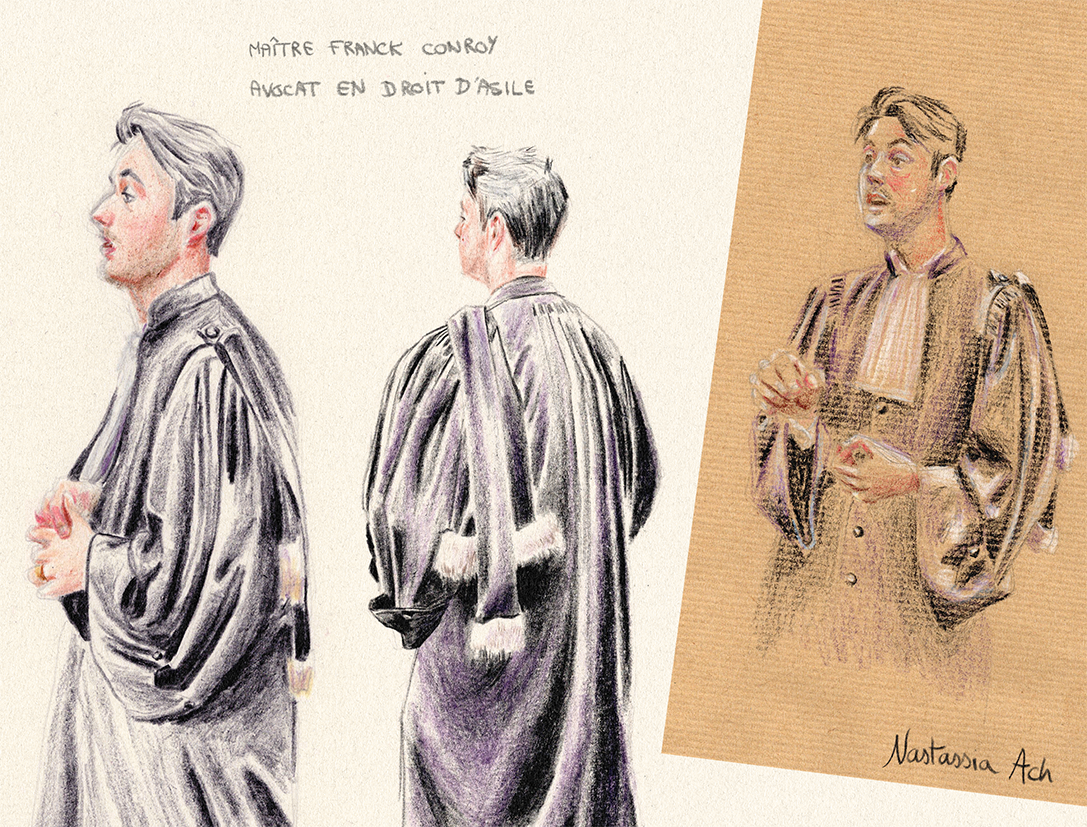 Cour nationale du droit d'asile - octobre 2025 - Maître Franck Conroy avocat droit d’asile - étude dessinée © Nastassia Ach