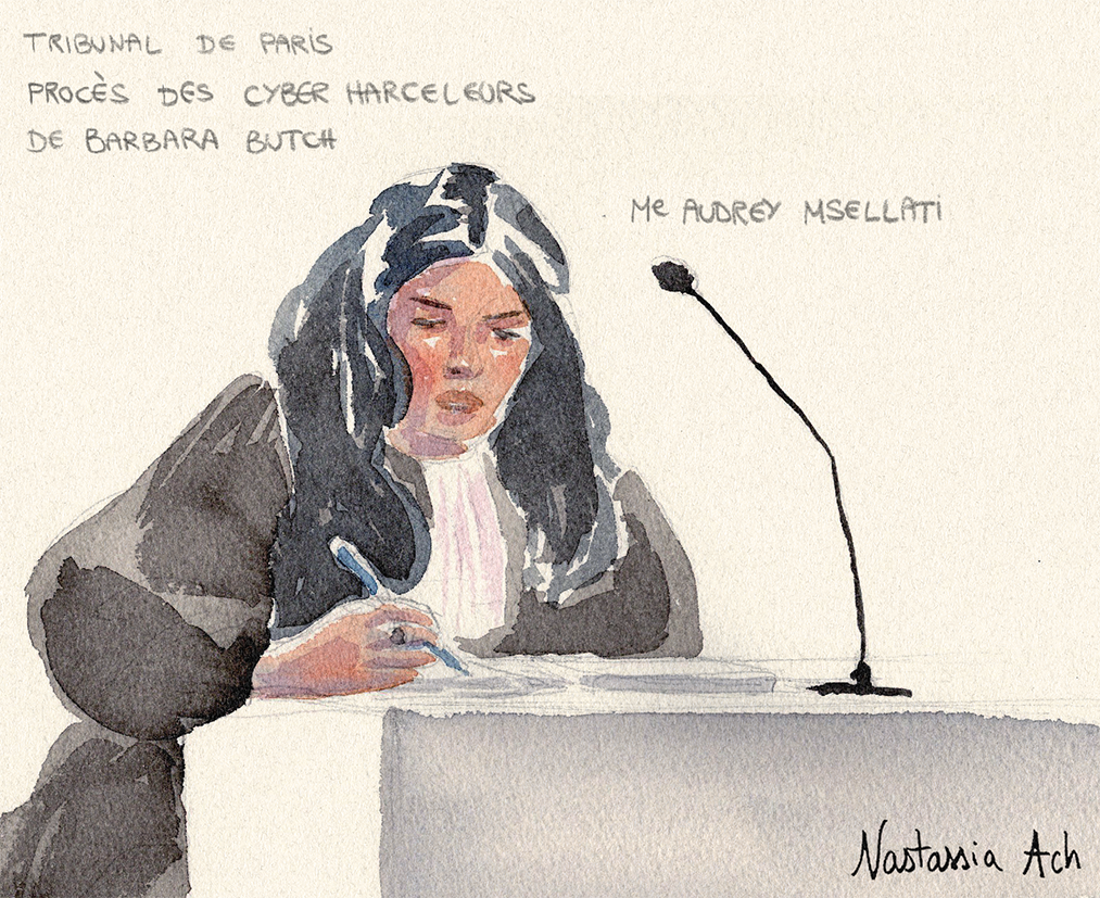 Procès de cinq hommes pour le cyberharcèlement de la DJ des JO2024 Barbara Butch - Tribunal judiciaire de Paris - septembre 2025 - Maître Audrey Msellati, avocate de Barbara Butch - dessin d’audience © Nastassia Ach