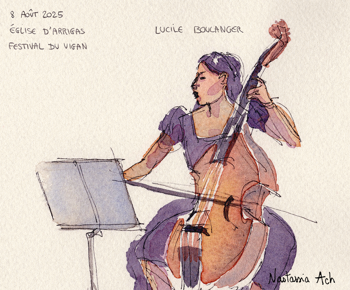 8 août 2025 - Lucile Boulanger (gambiste), concert dans l’église d’Arrigas, festival du Vigan - croquis sur le vif © Nastassia Ach