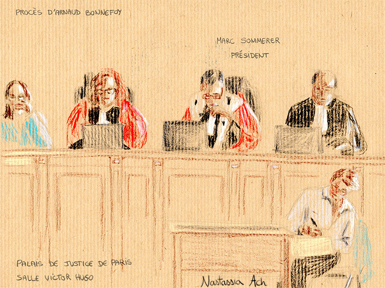 Procès d'Arnaud Bonnefoy pour le féminicide de sa compagne Amanda Glain - Palais de Justice de Paris - Septembre 2025 - La Cour et le Président Marc Sommerer - la dessinatrice d’audience Ana Pich - dessin d’audience © Nastassia Ach