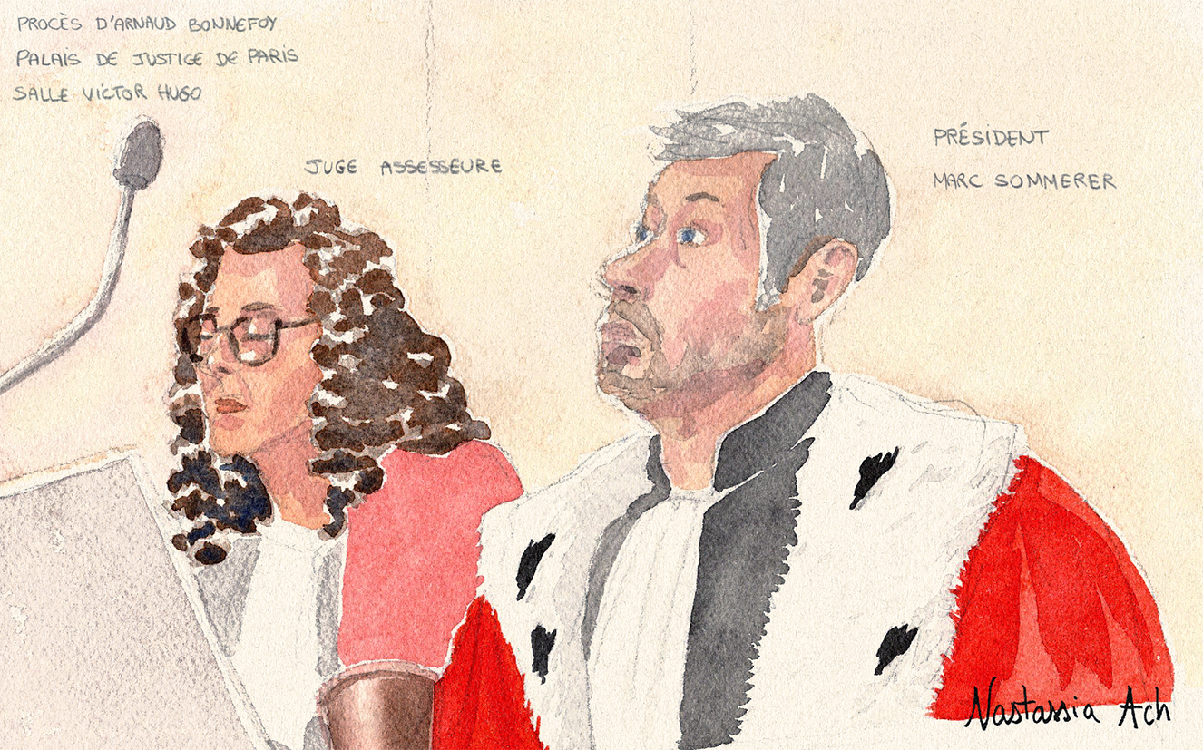 Procès d'Arnaud Bonnefoy pour le féminicide de sa compagne Amanda Glain - Palais de Justice de Paris - Septembre 2025 - La Cour et le Président Marc Sommerer - dessin d’audience © Nastassia Ach