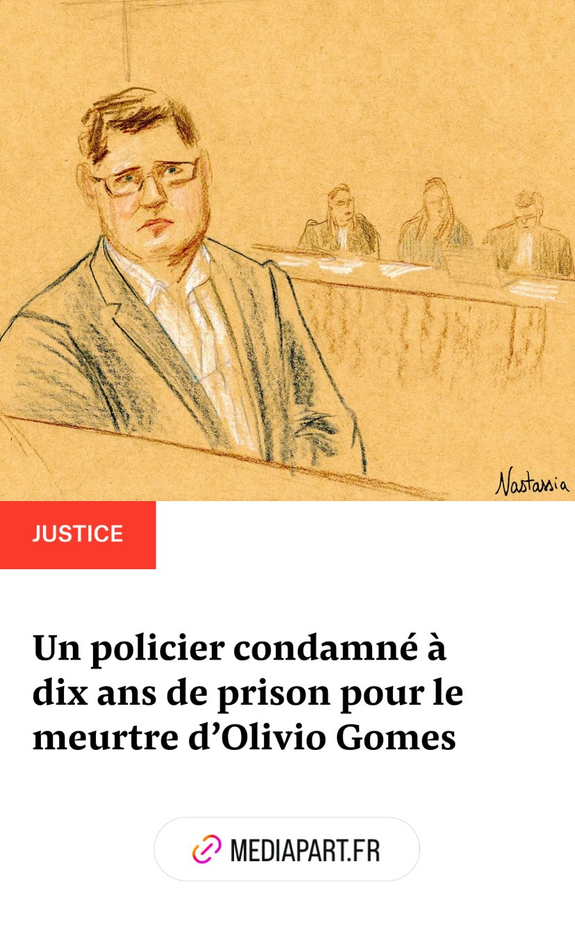 Publication Mediapart - 27 mars 2026 - Un policier condamné à dix ans de prison pour le meurtre d’Olivio Gomes - dessin d’audience © Nastassia Ach / article Clément Le Foll
