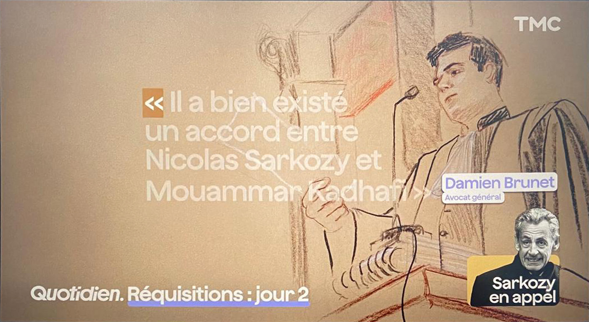 Diffusion Quotidien/chaîne TMC - 12 mai 2026 - Procès libyen - réquisitions de l’avocat général Damien Brunet - dessin d’audience © Nastassia Ach