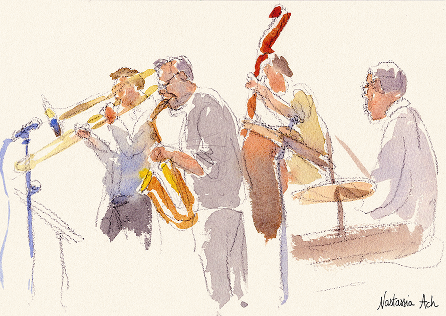 24 septembre 2025 - Le Son de la Terre jazz club (Paris) - Pierrick Pédron, Daniel Zimmermann, Richard Turegano, Jacques Vidal, Philippe Soirat - croquis sur le vif © Nastassia Ach