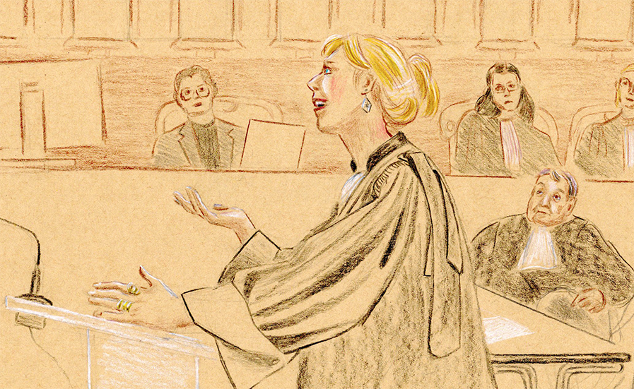 Procès Le Pen / assistants parlementaires du RN en appel - Palais de Justice de Paris - février 2026 - Plaidoirie de Me Bérénice de Warren, avocate du Parlement Européen. À l’arrière-plan, Me Patrick Maisonneuve et Me Justine De Gasquet - dessin d’audience © Nastassia Ach