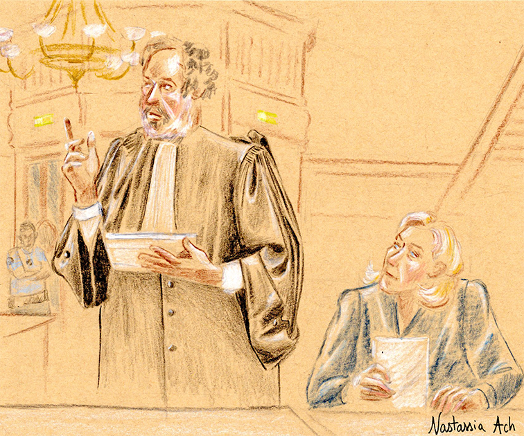 Procès Le Pen / assistants parlementaires du RN en appel - Palais de Justice de Paris - 20 janvier 2026 - Marine Le Pen et son avocat Me Rodolphe Bosselut - dessin d’audience © Nastassia Ach