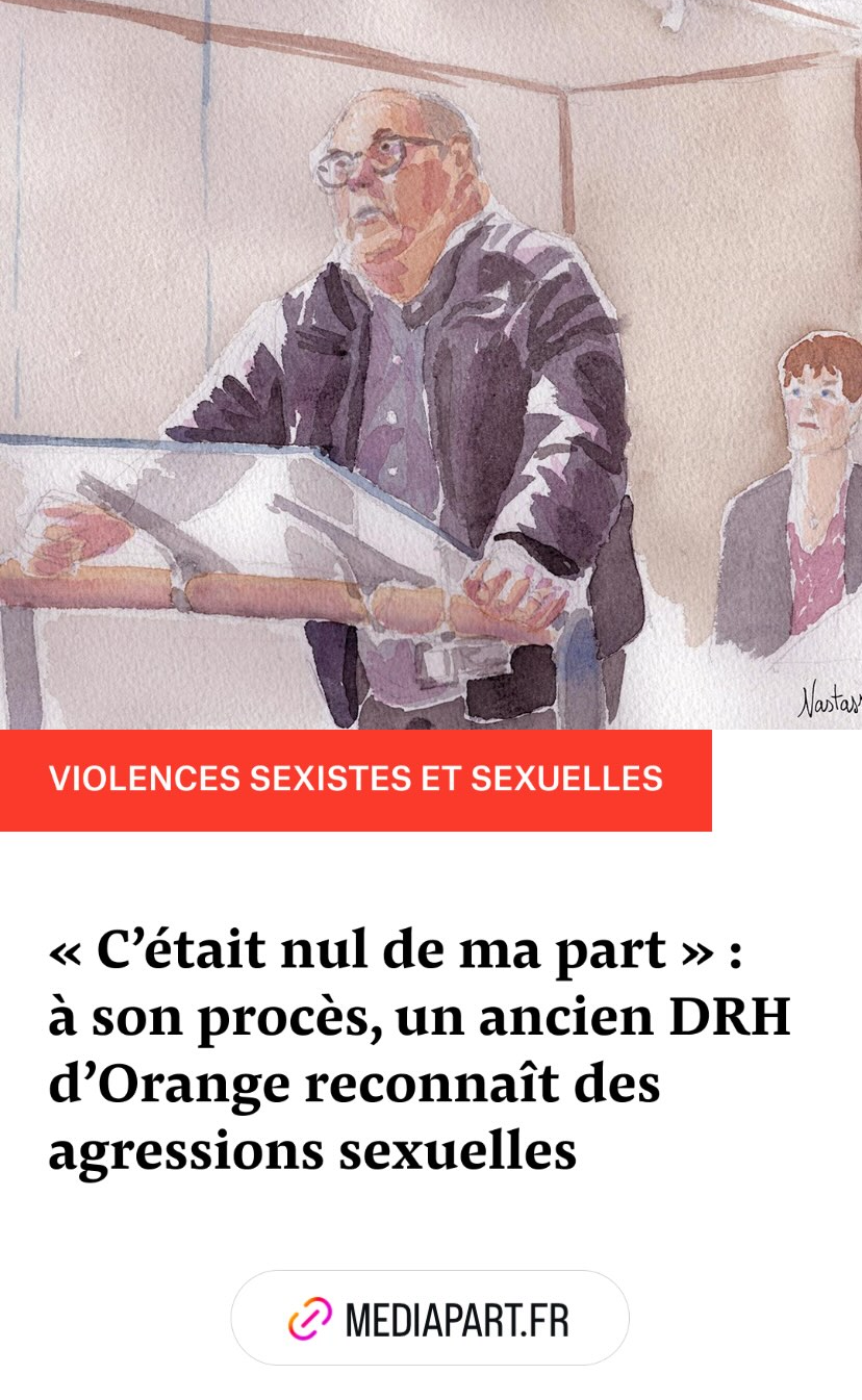 Publication Mediapart - 15 octobre 2025 - Procès d’un DRH du groupe Orange pour agressions sexuelles - dessin d’audience © Nastassia Ach / article Youen Tanguy