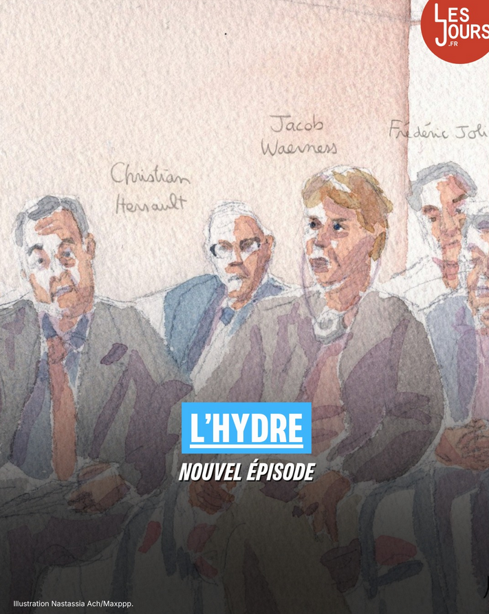 Publication Les Jours - 2 décembre 2025 - procès Lafarge - les prévenus Bruno Lafont, Christian Herrault, Jacob Waerness, Frédéric Jolibois, Bruno Pescheux - dessin d’audience © Nastassia Ach