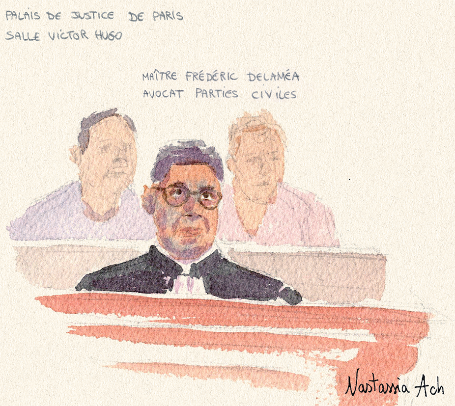 Procès d'Arnaud Bonnefoy pour le féminicide de sa compagne Amanda Glain - Palais de Justice de Paris - Septembre 2025 - Maître Frédéric Delaméa, avocat de la famille d’Amanda, parties civiles - dessin d’audience © Nastassia Ach