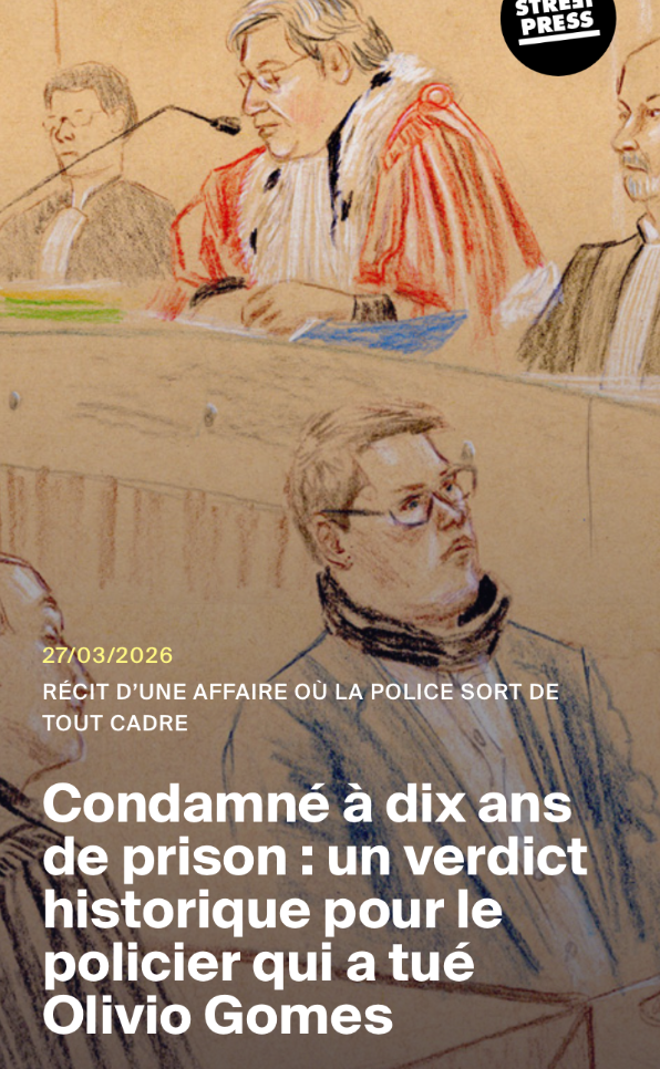 Publication StreetPress - 27 mars 2026 - "Condamné à dix ans de prison : un verdict historique pour le policier qui a tué Olivio Gomes" - dessin d’audience © Nastassia Ach / Dossier Clara Monnoyeur