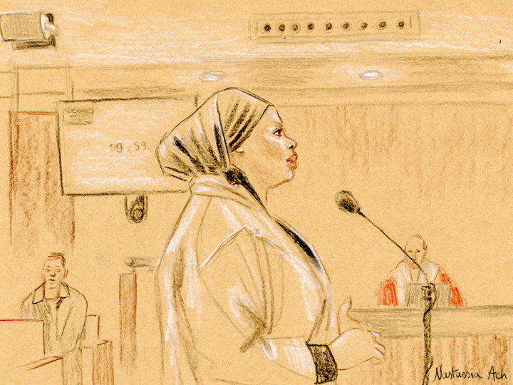 Procès du policier Gilles G. pour le meurtre d’Olivio Gomes - Cour d’assises de Versailles - 24 mars 2026 - témoignage de l’épouse de la victime - dessin d’audience © Nastassia Ach