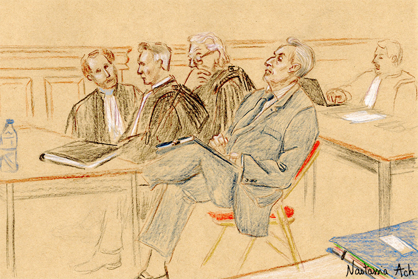 Procès libyen en appel - Palais de Justice de Paris - 29 avril 2026 - Nicolas Sarkozy et ses avocats Me Jean-Michel Darrois, Christophe Ingrain, Tristan Gautier - dessin d’audience © Nastassia Ach