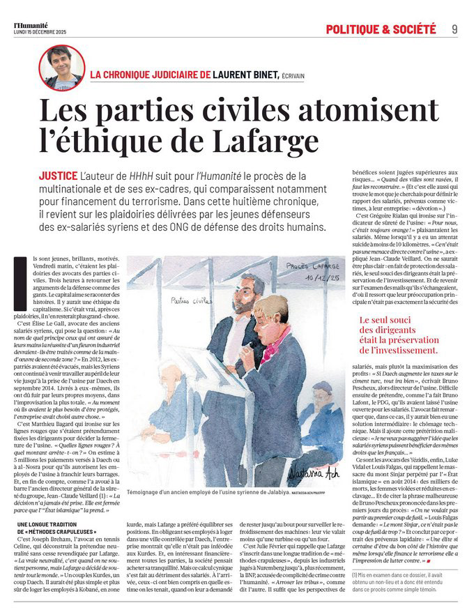 Publication L'Humanité - 13 décembre 2025 - procès Lafarge - témoignage d’un ancien salarié de l'usine Lafarge de Jalabiya en Syrie, assisté d’une interprète - dessin d’audience © Nastassia Ach / article Laurent Binet