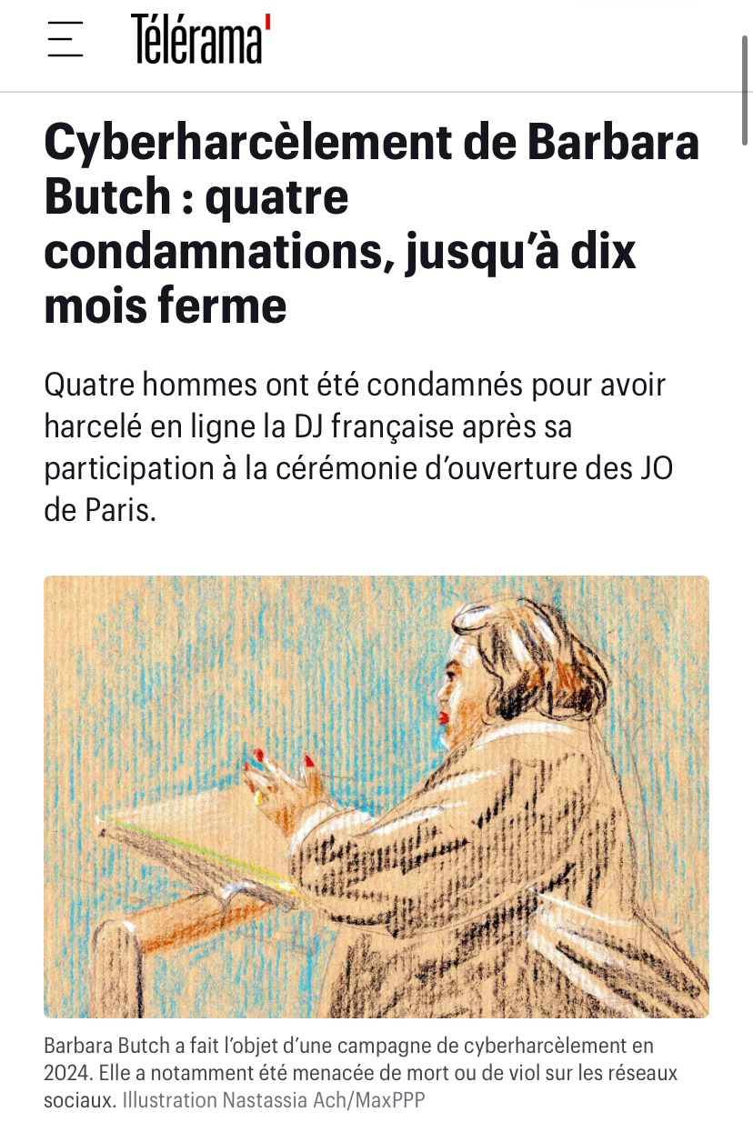Publication Télérama - 21 novembre 2025 - procès des cyberharceleurs de la DJ des JO2024 Barbara Butch - dessin d’audience © Nastassia Ach