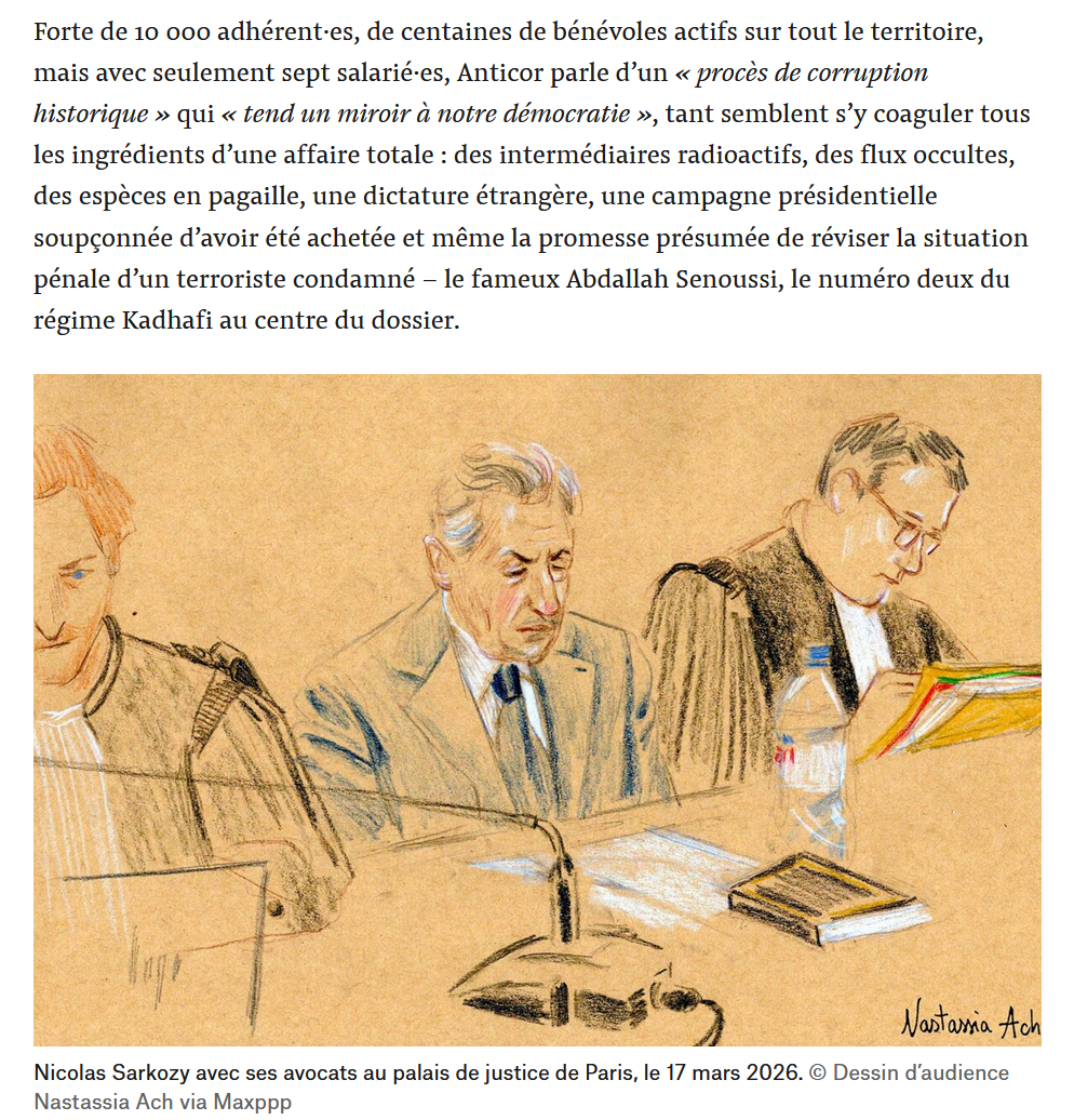 Publication Mediapart – 28 avril 2026 – Procès libyen – Nicolas Sarkozy et ses avocats Me Tristan Gautier et Sébastien Schapira - dessin d’audience © Nastassia Ach / article Fabrice Arfi