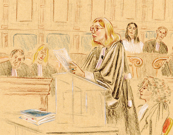 Procès Le Pen / assistants parlementaires du RN en appel - Palais de Justice de Paris - 10 février 2026 - Plaidoirie de Me Solange Doumic, avocate de Catherine Griset - dessin d’audience © Nastassia Ach
