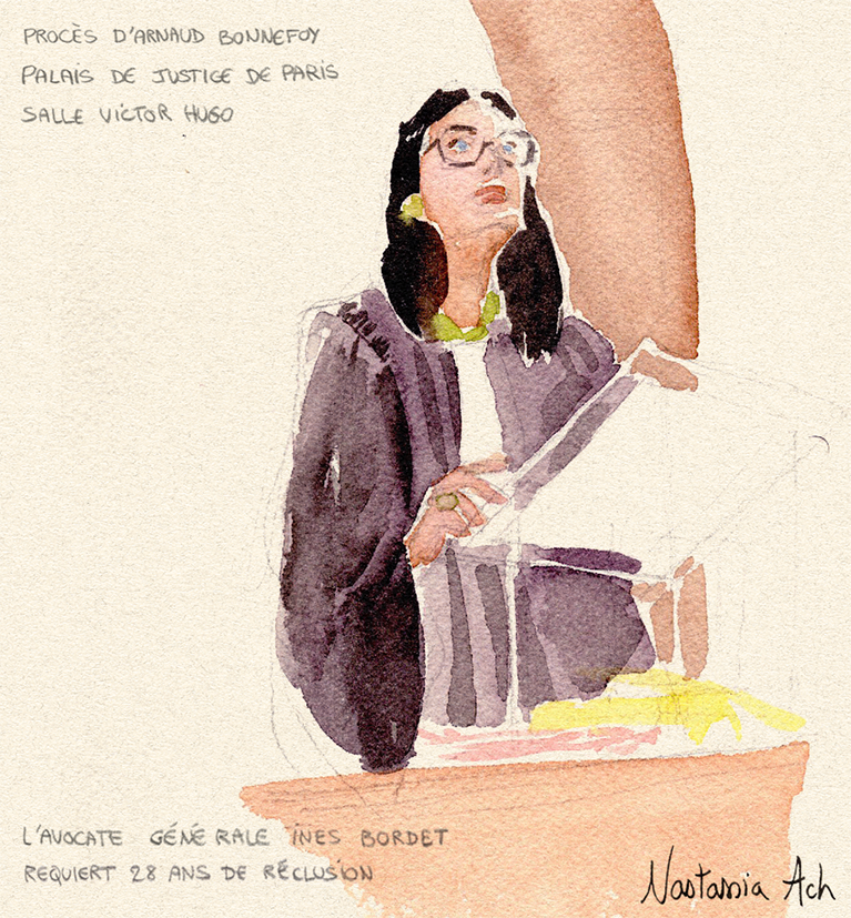 Procès d'Arnaud Bonnefoy pour le féminicide de sa compagne Amanda Glain - Palais de Justice de Paris - Septembre 2025 - Les réquisitions de l'avocate générale Inès Bordet - dessin d’audience © Nastassia Ach