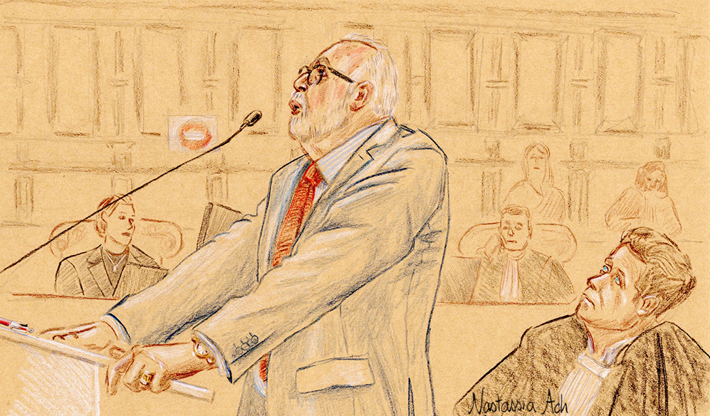 Procès Le Pen / assistants parlementaires du RN en appel - Palais de Justice de Paris - 28 janvier 2026 - audition de Wallerand de Saint-Just, à droite son avocat Me Henri Laquay - dessin d’audience © Nastassia Ach