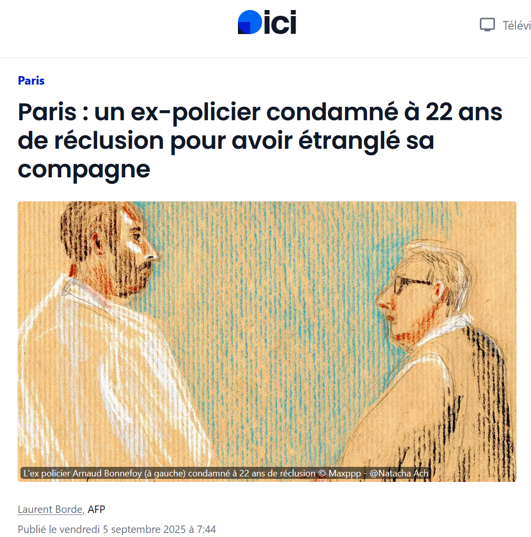 Publication France Bleu - 5 septembre 2025 - Procès d'Arnaud Bonnefoy pour le féminicide de sa compagne Amanda Glain - l’accusé répondant aux questions de l’avocat des parties civiles Maître Frédéric Delaméa - dessin d’audience © Nastassia Ach