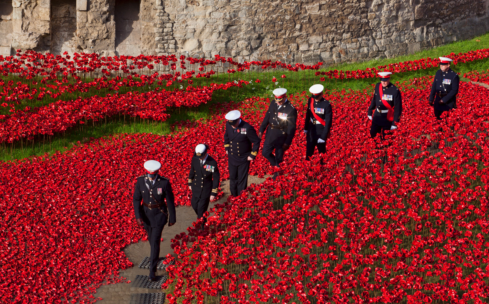 Poppies and naval officers, Tower of London, London, UK