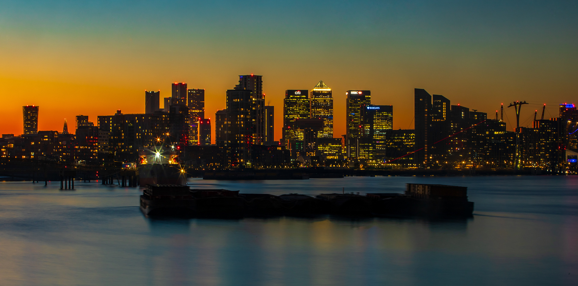 A winter sunset over Canary Wharf and the River Thames