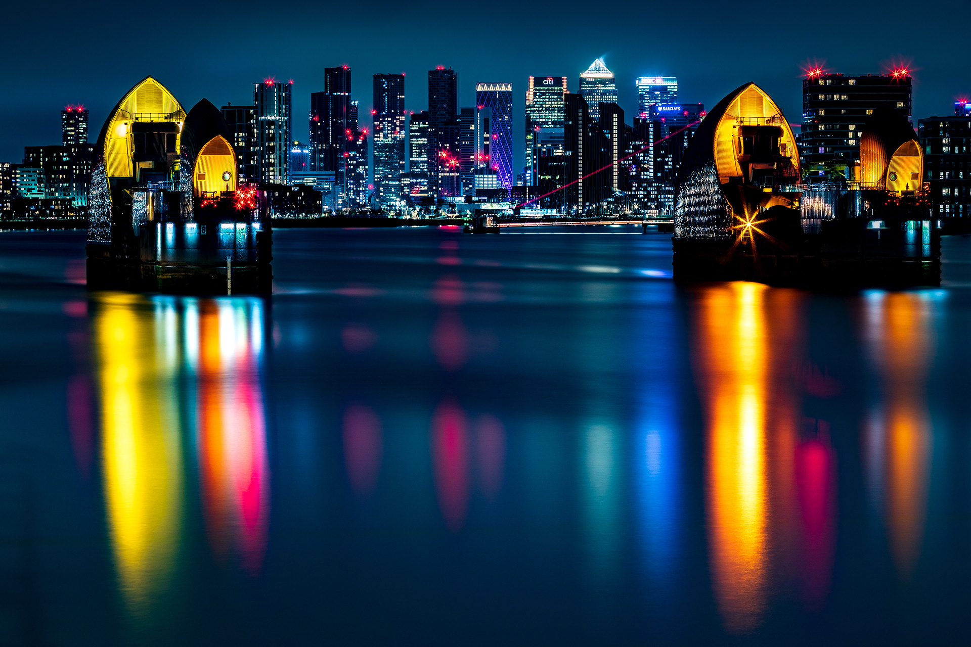 Thames Barrier and Canary Wharf, London