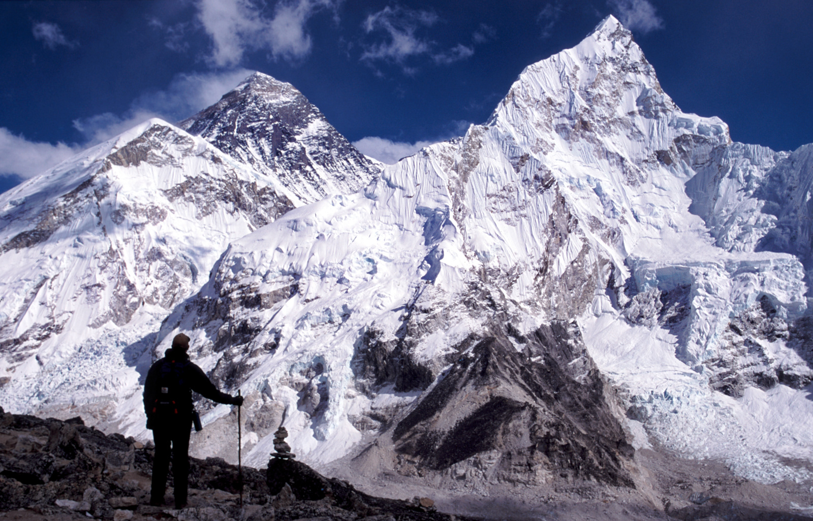 Hiker with the Mount Everest Peak (middle), Himalayas, Nepal