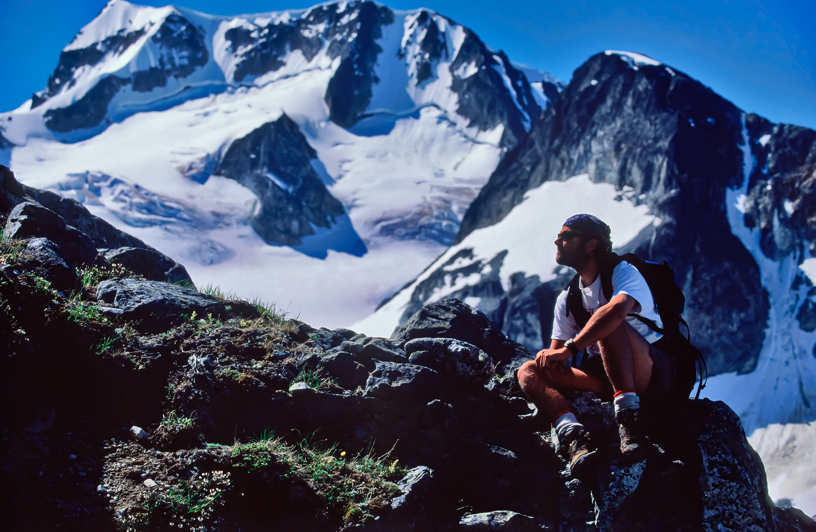 Hiker with Wedge Mountain, British Columbia, Canada
