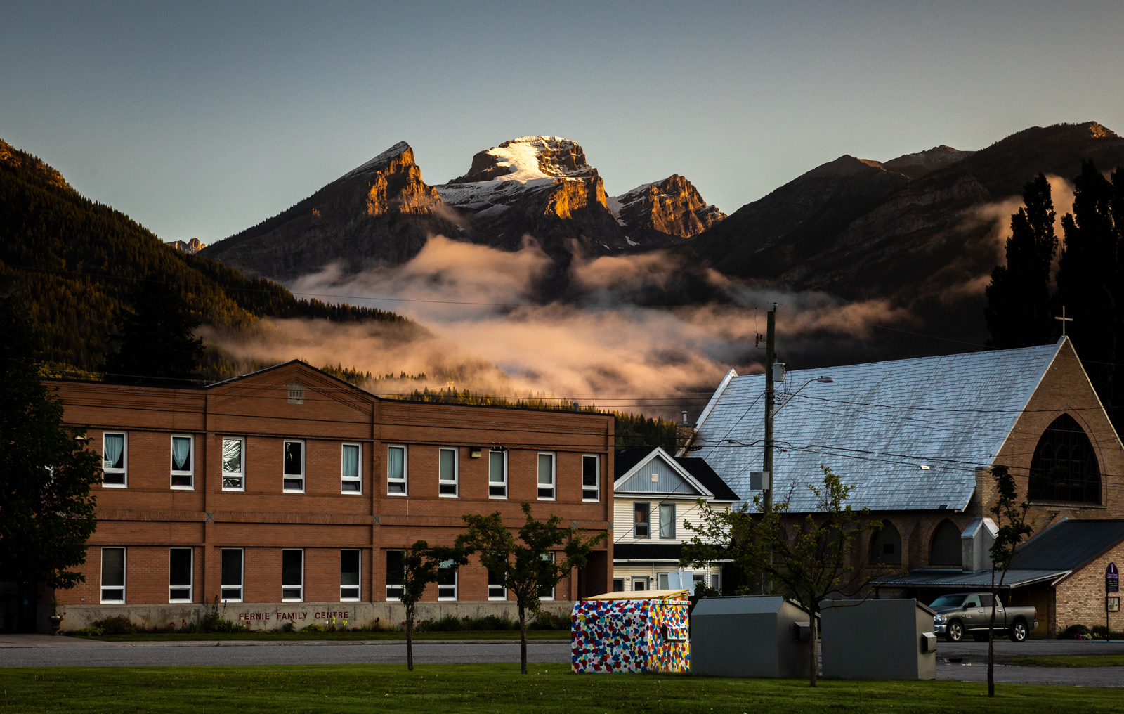 The Three Sisters and the town of Ferni, British Columbia, Canada