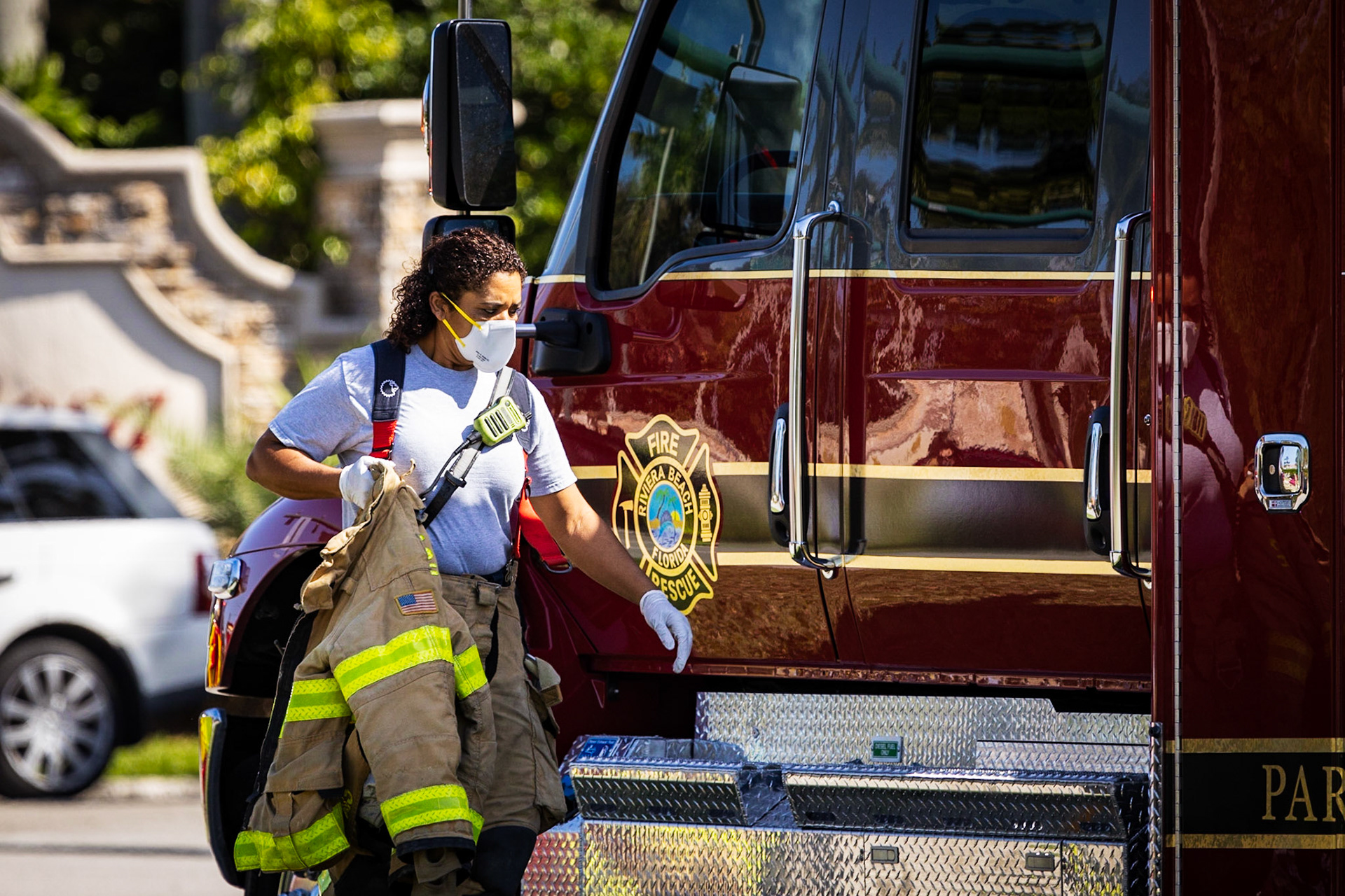 Riviera Beach, Florida. United States, 2-20-20. Female fire fighter on the scene of an accident.