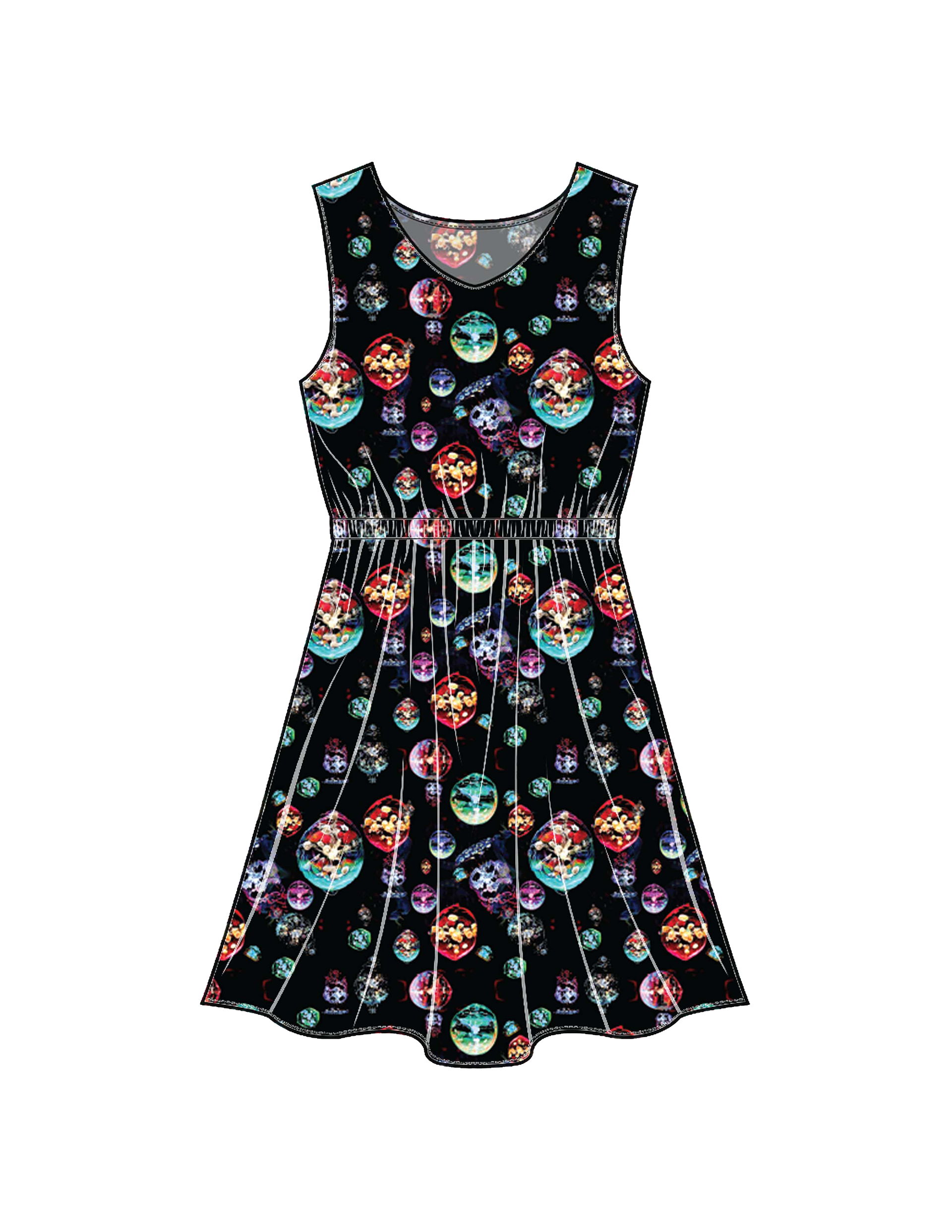 S#0009 "ONYX BUBBLE TEARS" mock-up on dress. Design created by Noah Velez.