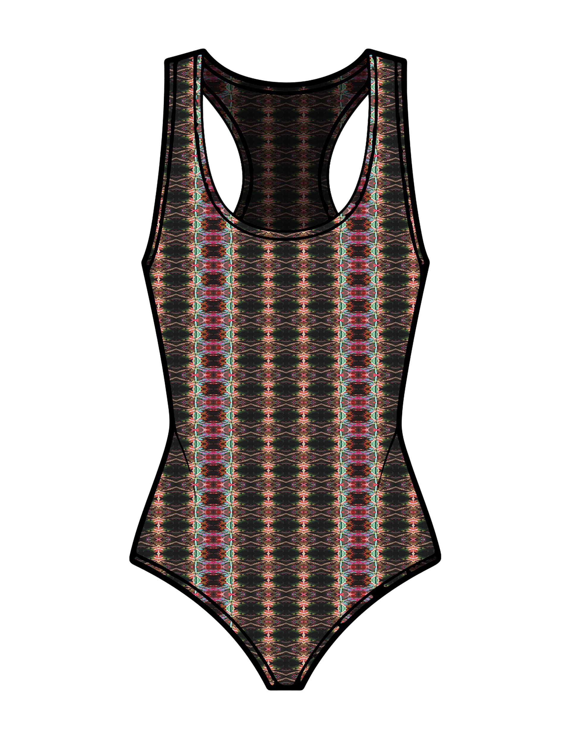 S#0014 "SHIMMER" mock-up on leotard. Design created by Noah Velez.