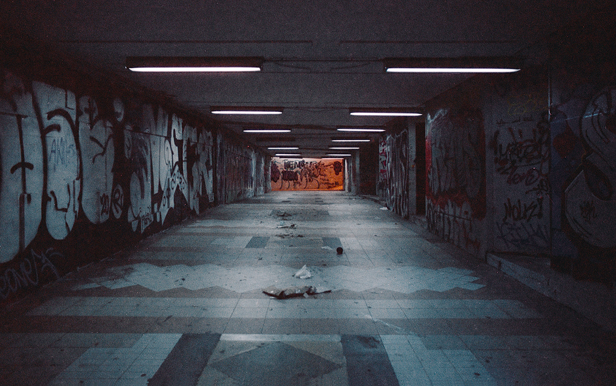 From City "dystopia" mini series of photographs Athens,winter 2021-2022 With 35mm cinestill 800t film