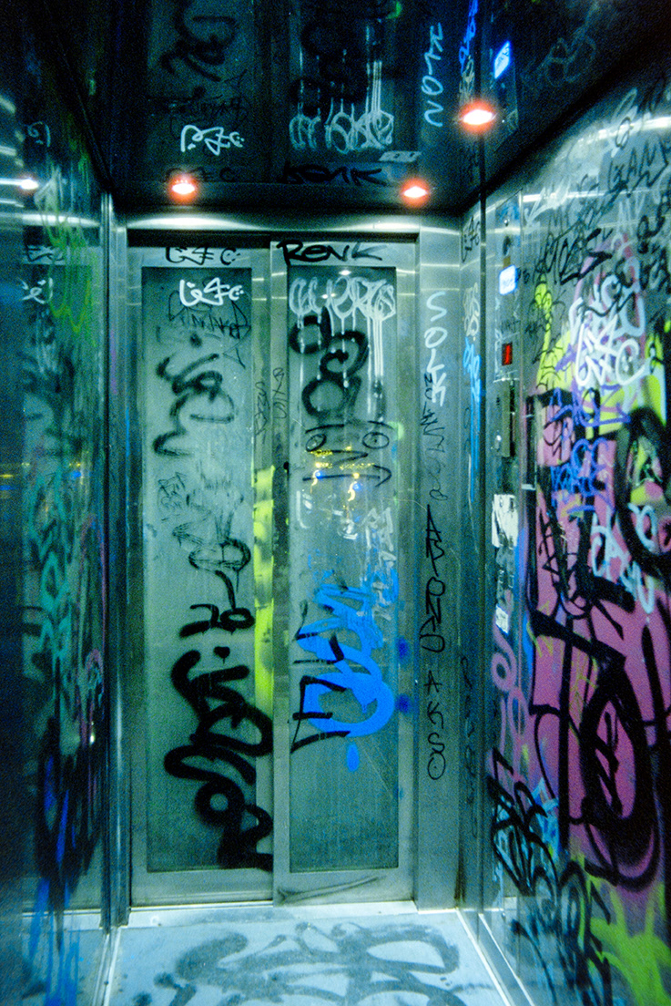 Night "chaos",the elevator Athens city at night,Dec.2022 Cinestill800t Nikonf301