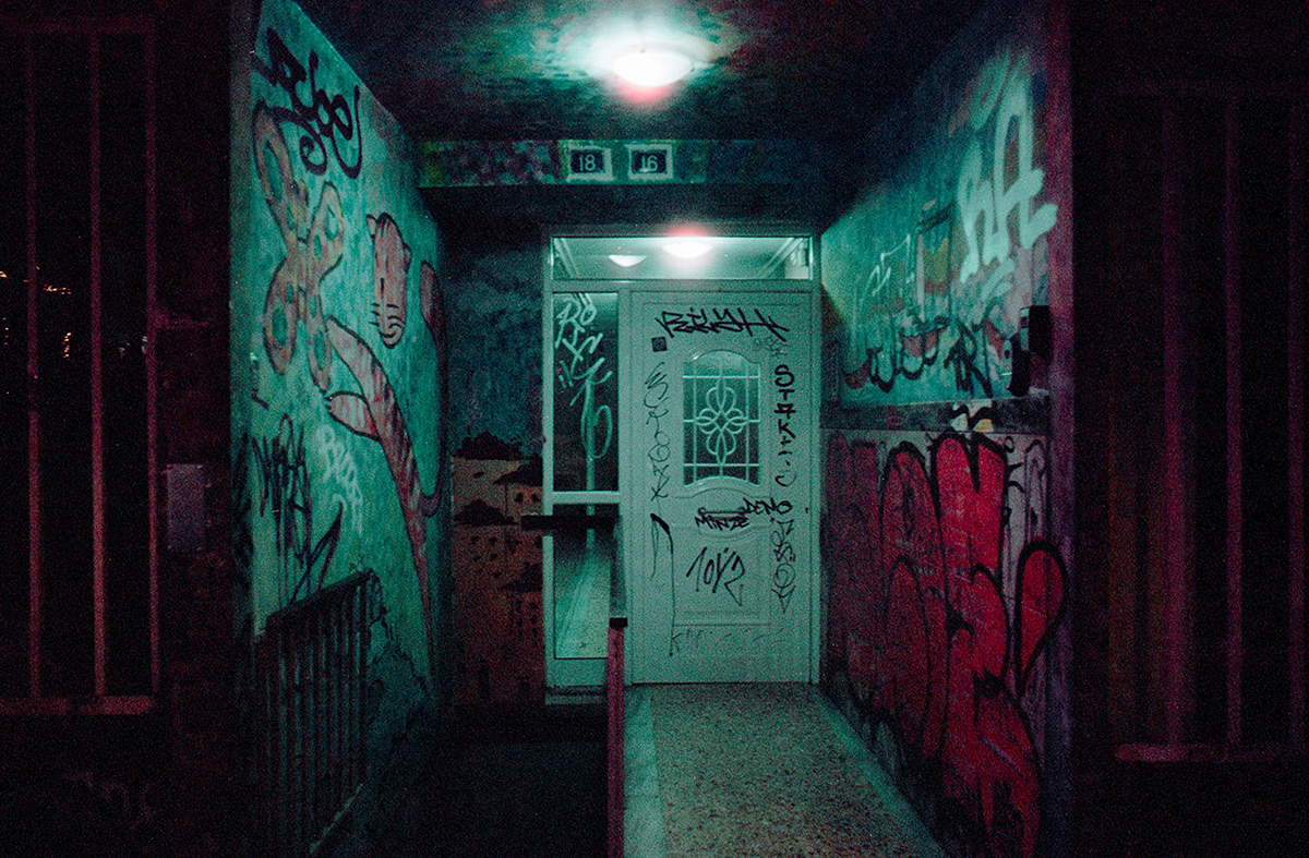 From City "dystopia" mini series of photographs Athens,winter 2021-2022 With 35mm cinestill 800t film