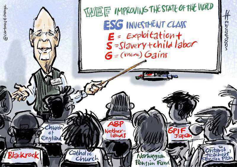 Illustration: "ESG Investment Class in Davos" by Maarten Wolterink for Cartoons For Change. We have many Cartoons For Change available for publication and distribution.