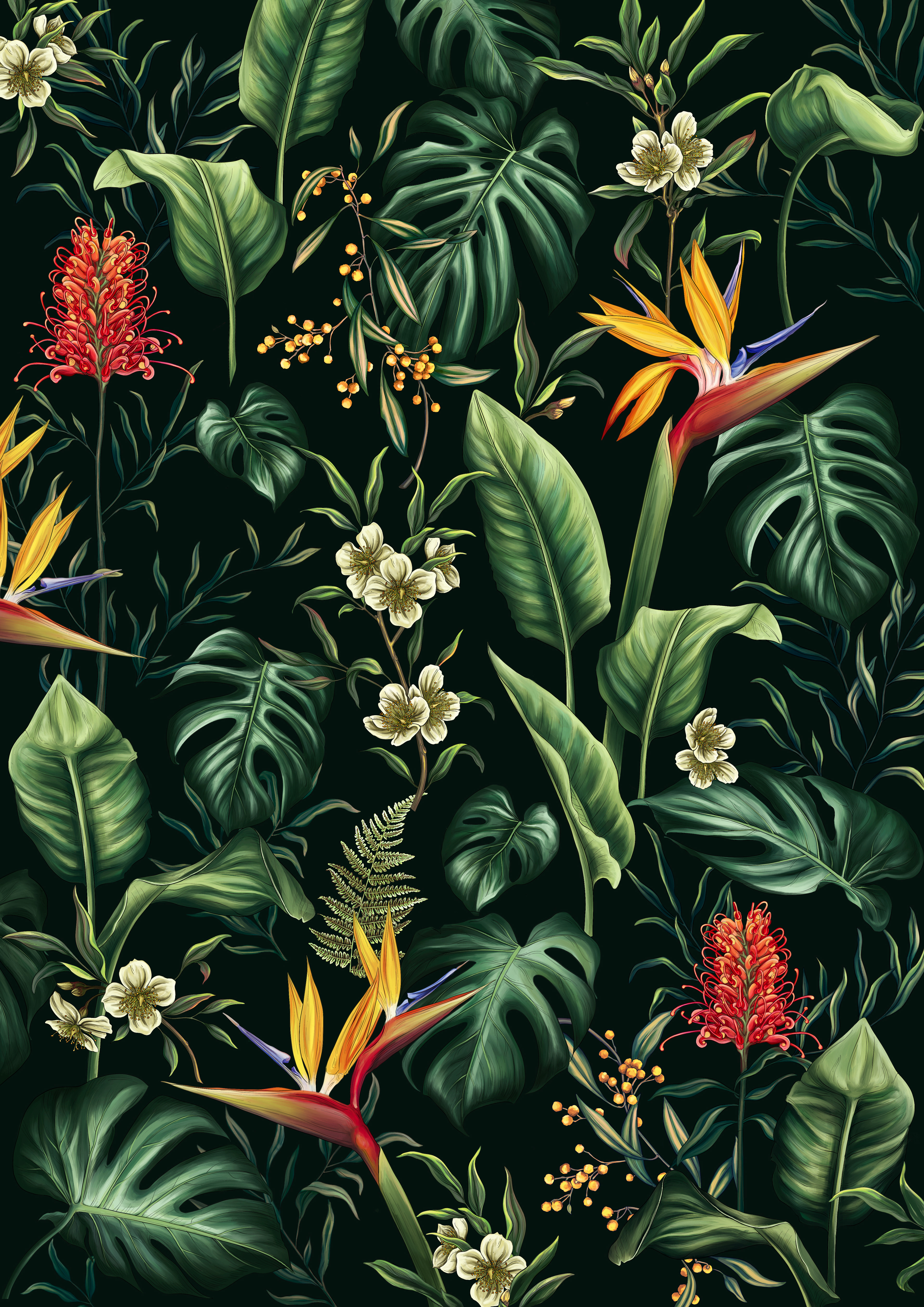 Luxurious botanical pattern with detailed hand-drawn foliage and vibrant floral accents.