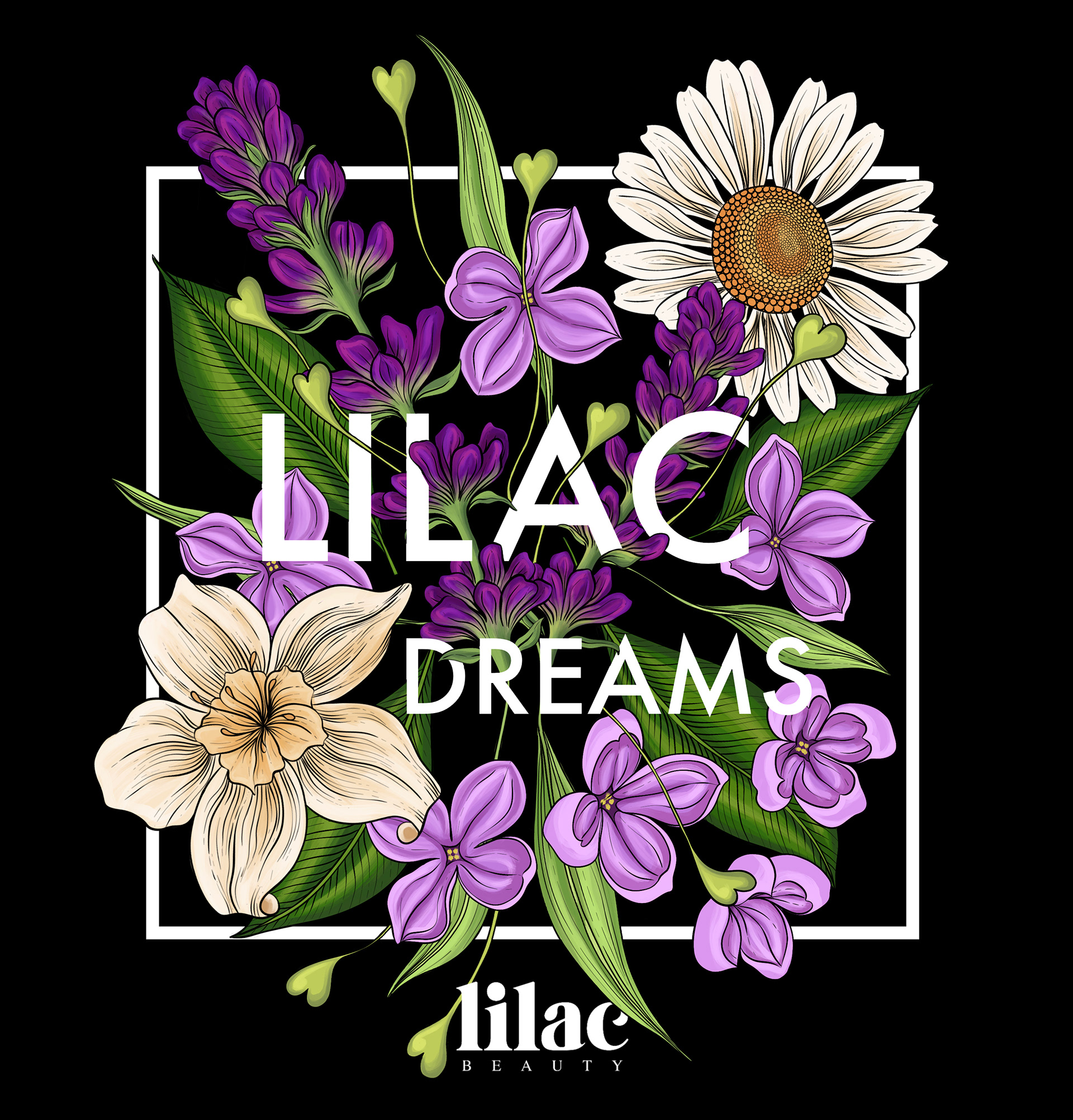 Floral illustration for Lilac Dreams candle by Ola Maslyk. Includes English Lavender, Lilac, Vanilla and Chamomile Flowers.