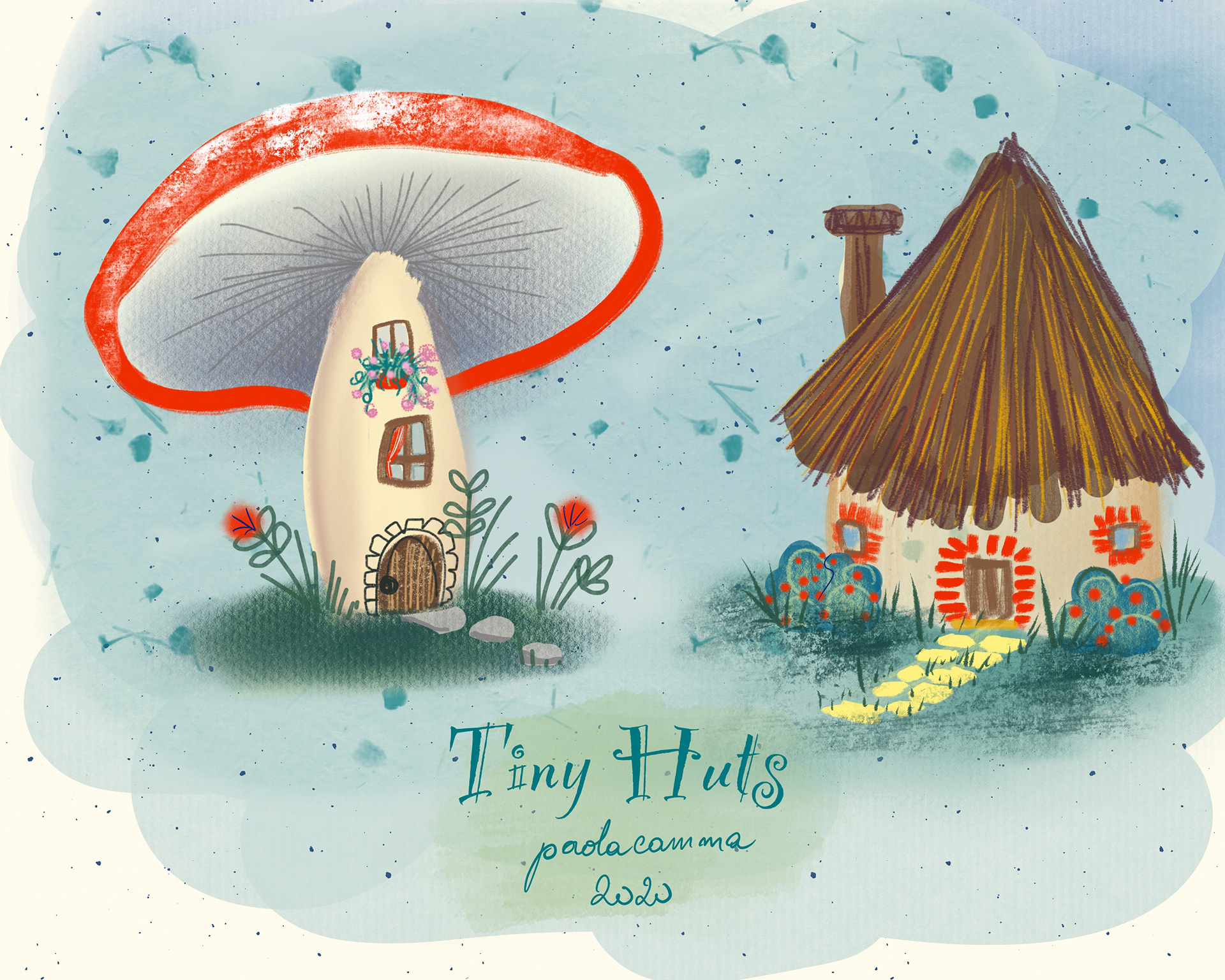 Tiny Huts.Sketch for a training daily promt in ïllustrating children's book"workshop
