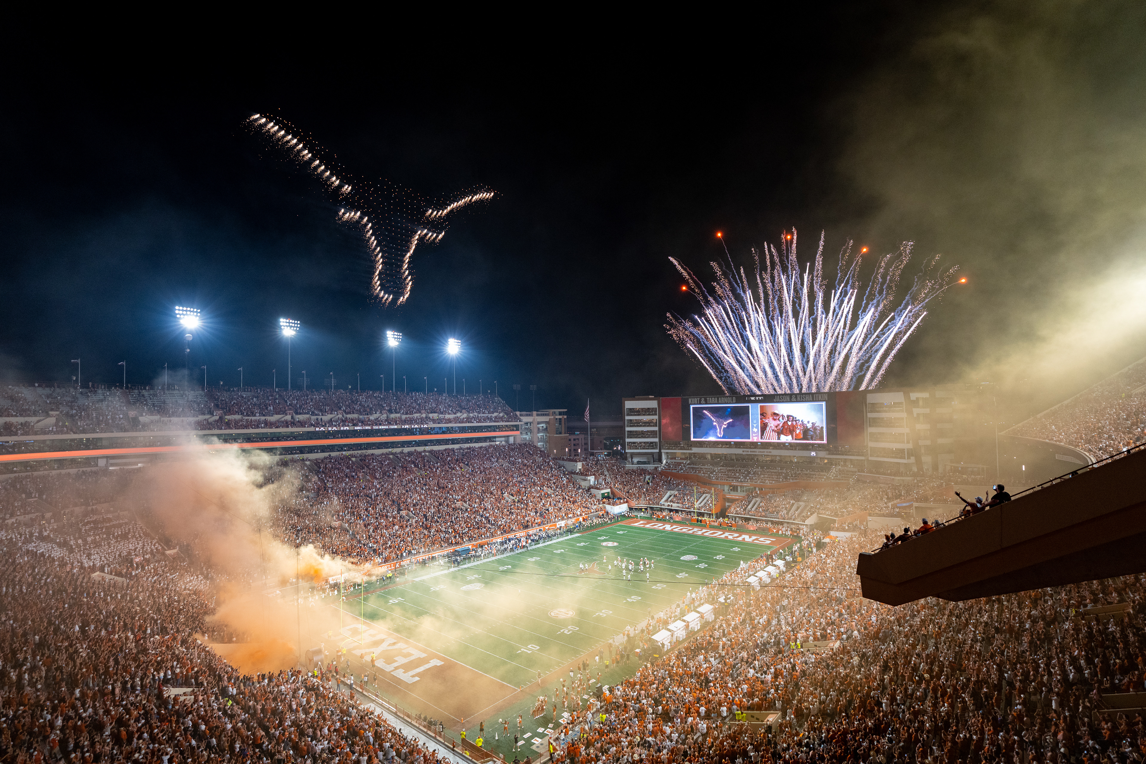 Fireworks and a drone show light up the night sky above Darrell K Royal–Texas Memorial Stadium between the third and fourth quarters of a game between the Texas Longhorns and UTSA Roadrunners in Austin, TX., Saturday, Sept. 14, 2024.