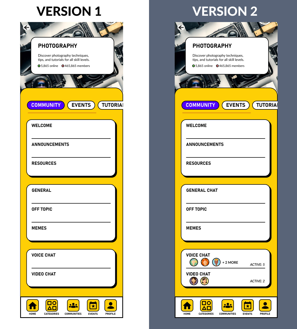 Edited based off of user feedback from testing. Changed “General” to “General Chat” to clarify the location of the group chat. User profiles and indicators were added to show who is present in voice and video channels.