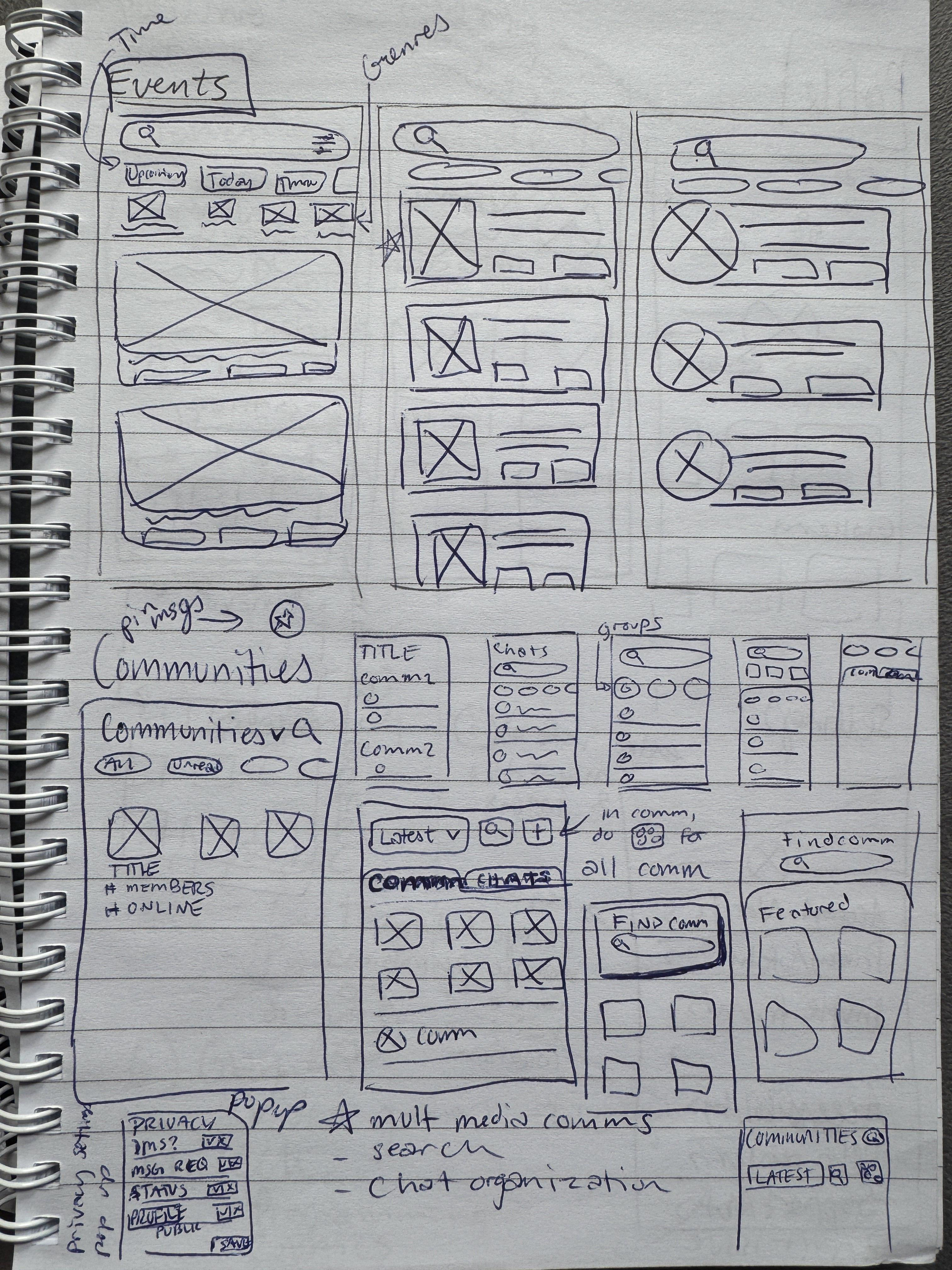 Brainstorming UI designs for the main 'events' page