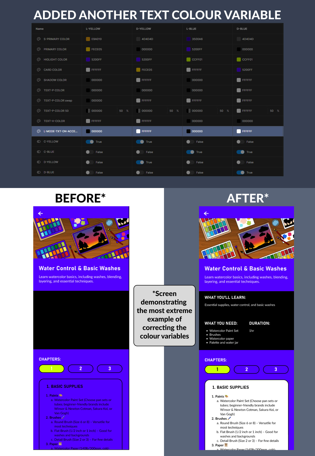Added a colour variable to correct the text colours on certain screen in “Light mode, blue colour theme” or “Dark mode, blue colour theme”.
