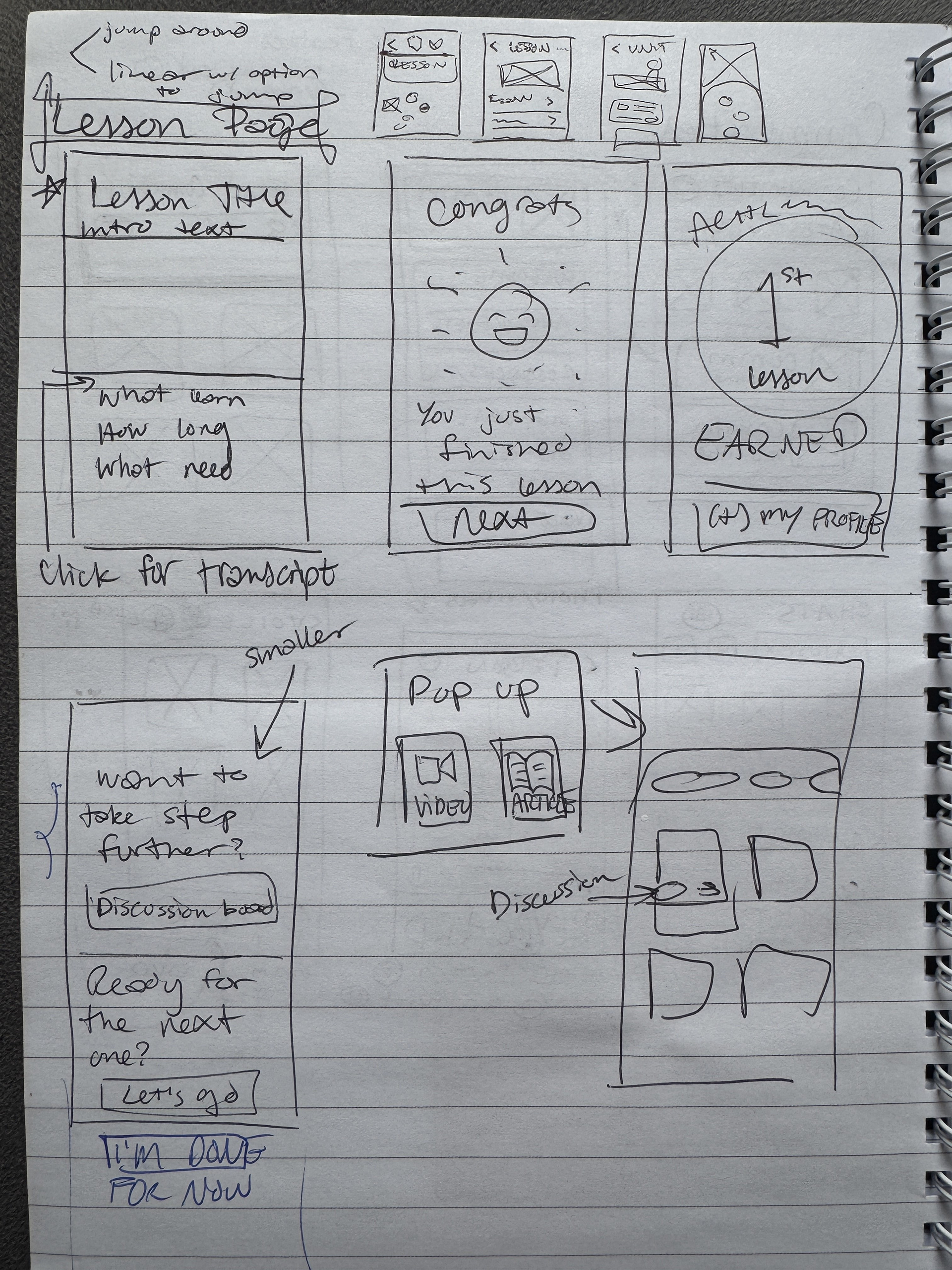 Brainstorming UI designs for the main 'lesson' page