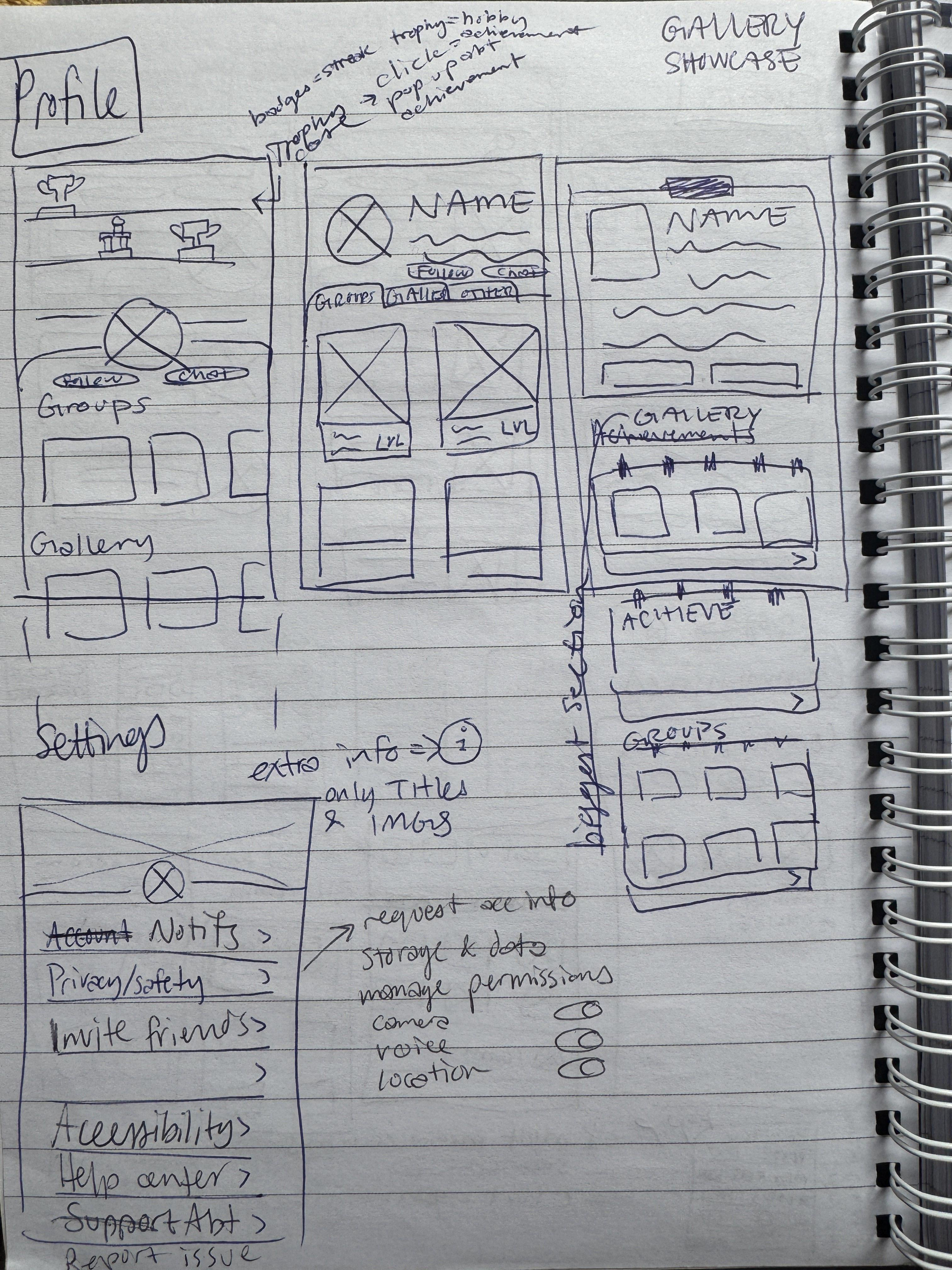 Brainstorming UI designs for the 'profile' page