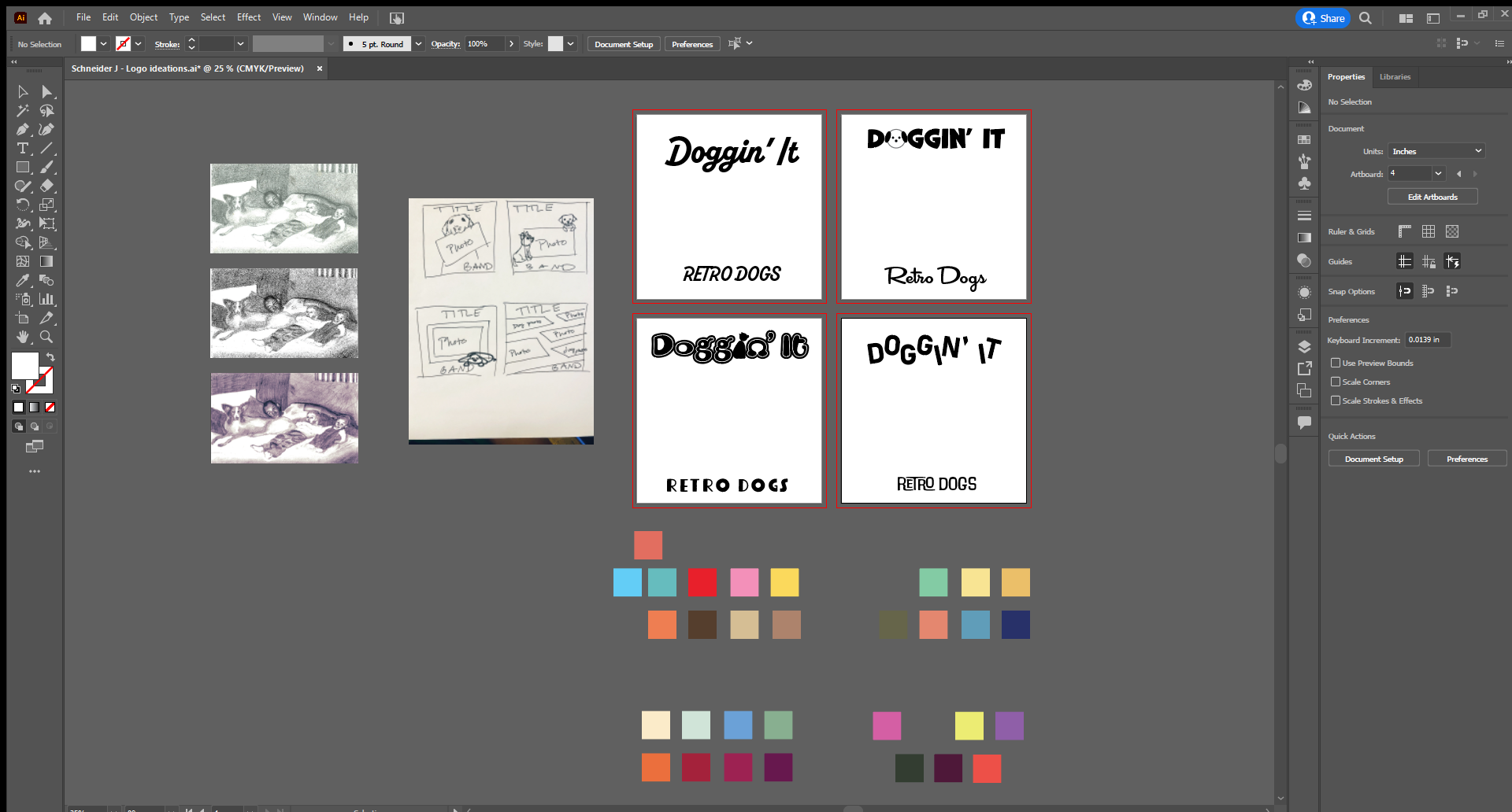 Left to right: Photoshopped versions of client's daughter's artwork, album cover sketches, font and layout considerations for the album cover, potential color palettes